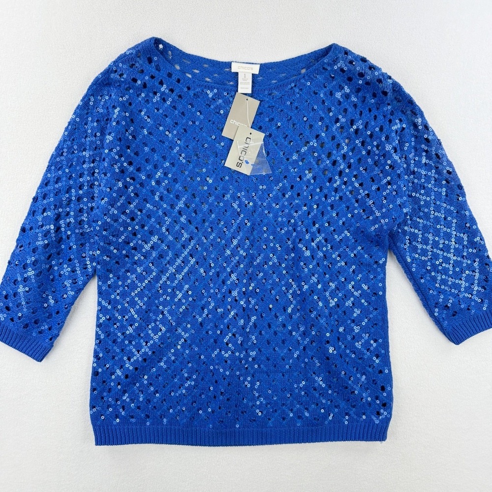 Chico's Sasha Sequin Knit Sweater Womens Size 1 / Medium Blue NWT‎